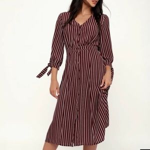 LULU'S LONG SLEEVE STRIPE BUTTON MIDI DRESS-S